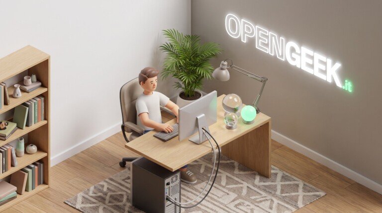 Illustrazione 3D di un ragazzo al computer fisso in una stanza con una scritta neon sulla parete.