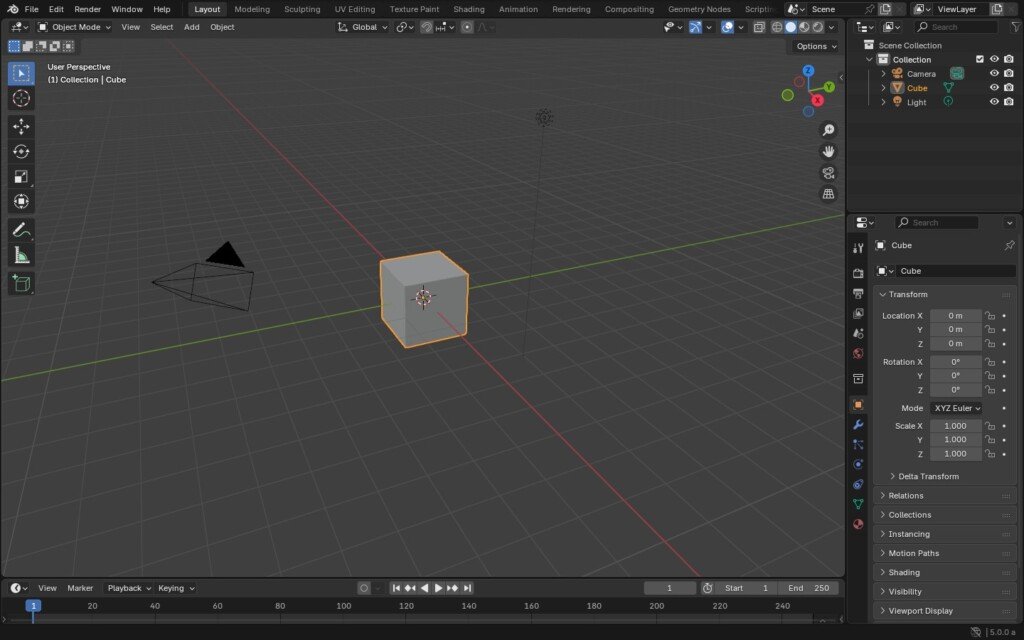 Schermata dell'interfaccia di Blender con un cubo grigio al centro della griglia 3D.