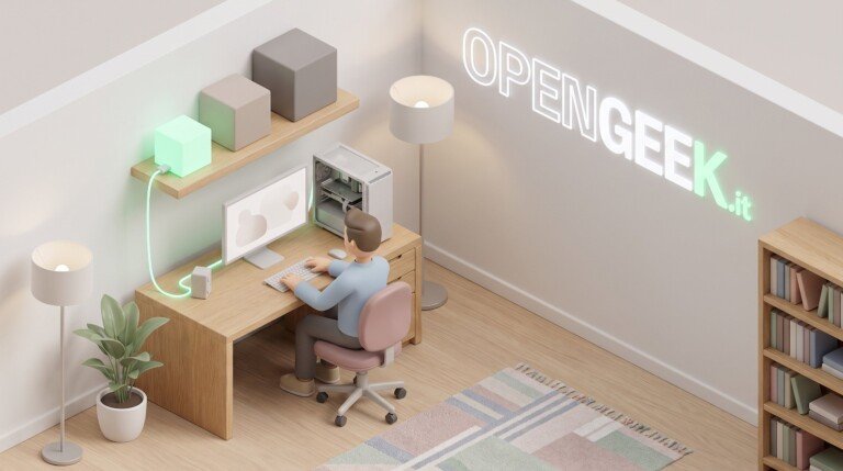 Illustrazione 3D isometrica di una persona al PC in ufficio con una scritta luminosa sulla parete.