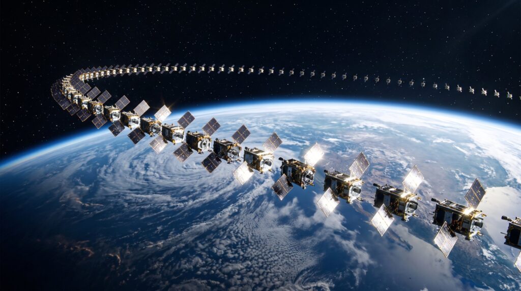 Costellazione di piccoli satelliti con pannelli solari in orbita bassa sopra la Terra