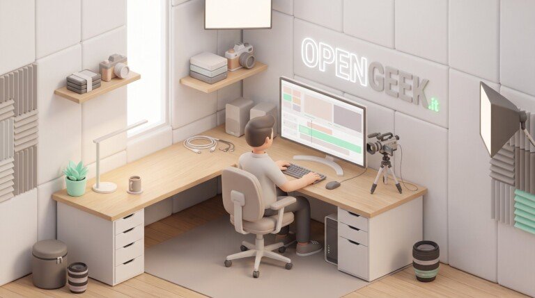 Illustrazione 3D di un uomo al computer intento a montare un video in uno studio.