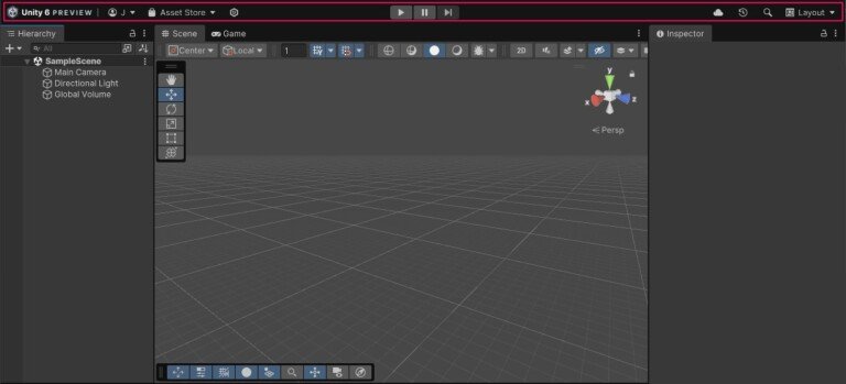 Schermata dell'interfaccia di Unity 6 con una scena 3D vuota appena creata.