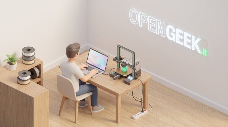 Illustrazione 3D di un uomo al laptop che prepara un progetto su una stampante 3D posizionata sulla scrivania.