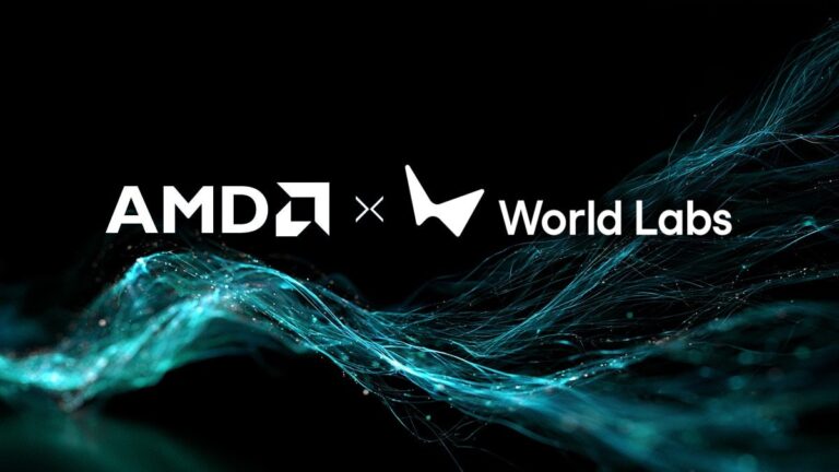 Scritta 'AMD x World Labs' con i rispettivi loghi su sfondo nero con flussi di dati azzurri.
