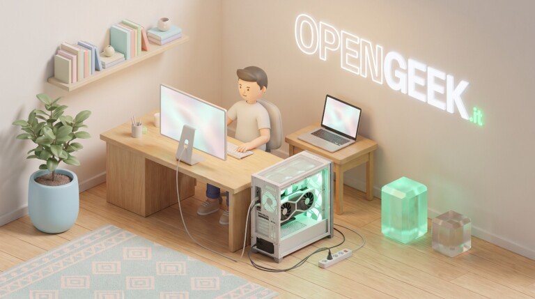 Illustrazione 3D di una postazione con computer desktop potente per uso locale.