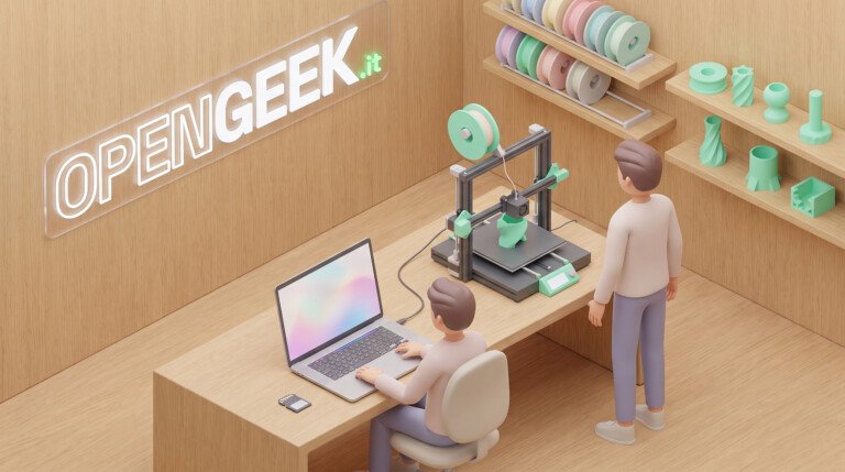 Illustrazione isometrica di un ufficio con stampante 3D, computer portatile e scaffali di filamenti.
