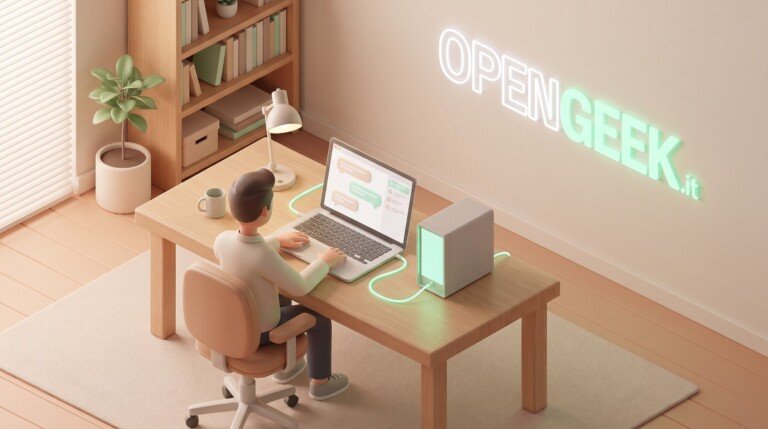Illustrazione 3D di un utente al laptop collegato a un piccolo server locale con interfaccia di chat.