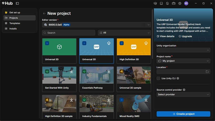 Interfaccia 'New project' in Unity Hub con griglia di template e opzioni di configurazione a destra.