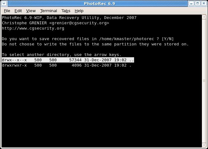 Schermata di selezione della directory di salvataggio dei file recuperati all'interno di PhotoRec.