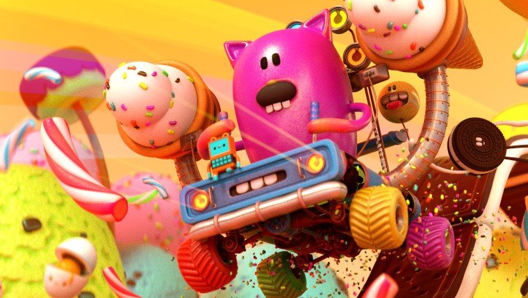 Rendering 3D finale di un gatto viola su una macchinina circondato da dolci colorati.