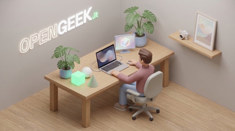 Illustrazione 3D di un grafico al computer circondato da solidi geometrici come un cubo luminoso.