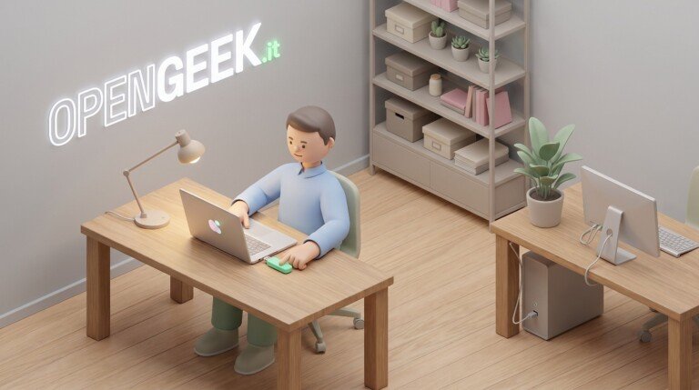 Illustrazione 3D di un uomo seduto alla scrivania che usa un computer portatile con una chiavetta USB inserita.