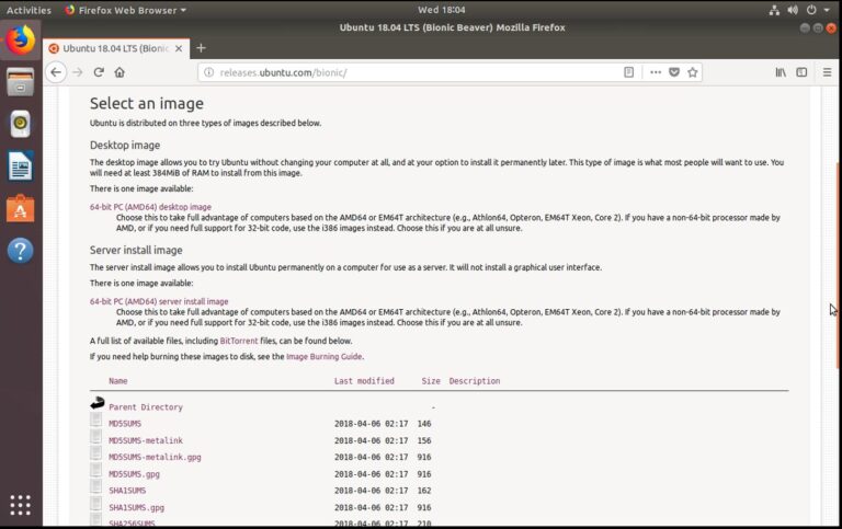 Screenshot di Firefox su Ubuntu che mostra la pagina di download dei file ISO e dei checksum per la verifica.