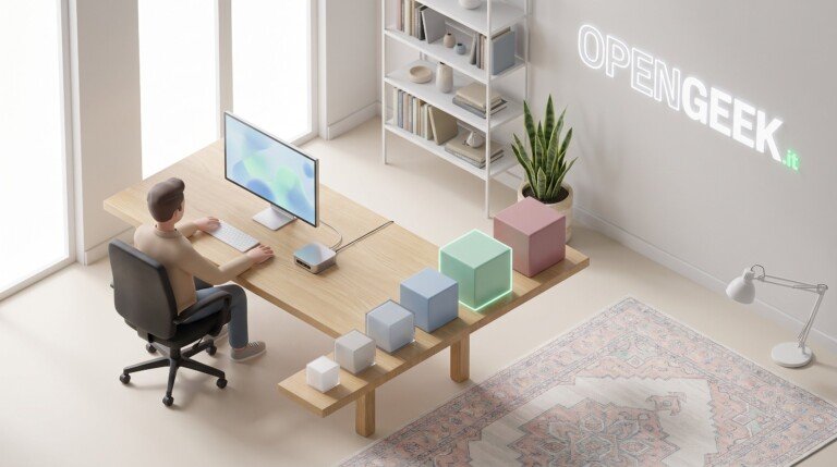 Illustrazione 3D di un utente al computer con cubi di varie dimensioni che indicano le taglie dei modelli IA.