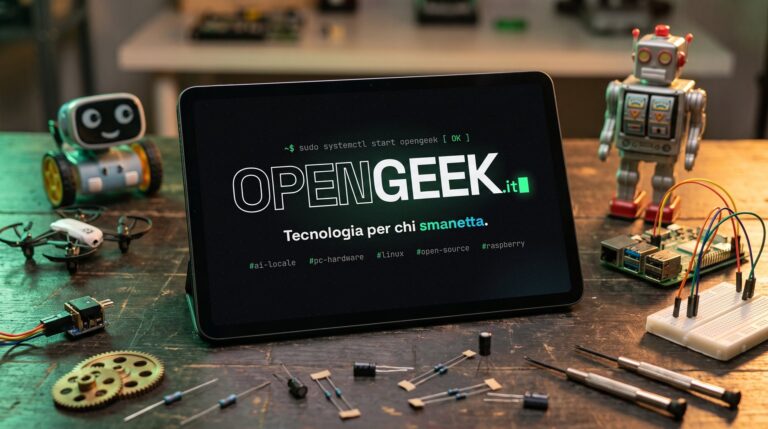 Tablet con il logo di opengeek su un tavolo da maker, tra robot giocattolo, un drone e componenti elettronici