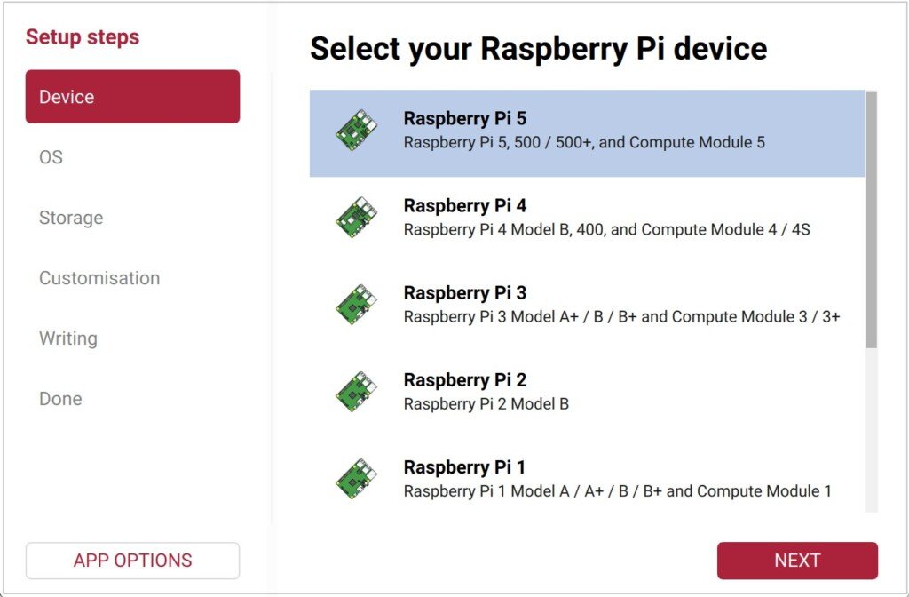 Interfaccia di Raspberry Pi Imager con la lista dei modelli di schede selezionabili.