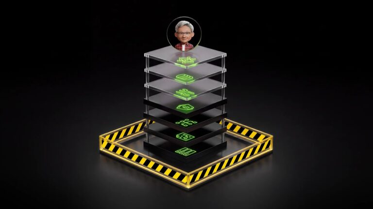 Grafica 3D di una torre a livelli con barriera di sicurezza stradale e l'avatar di Jensen Huang.