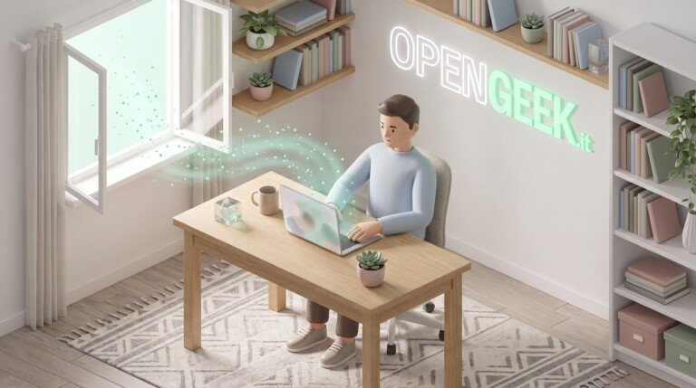 Illustrazione 3D di un uomo al laptop mentre un vento verde entra dalla finestra aperta sul computer.