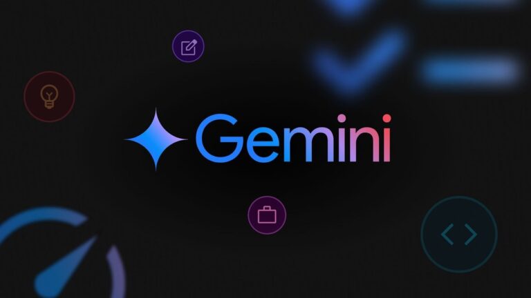 Logo di Google Gemini circondato da icone colorate che rappresentano diverse funzionalità su sfondo nero.