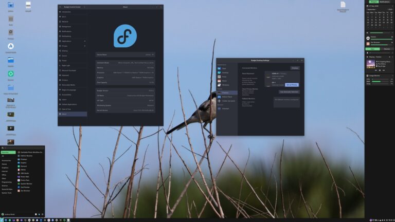 Schermata dell'interfaccia di Budgie 10.10.3 con icone sul desktop e menu delle impostazioni aperto.