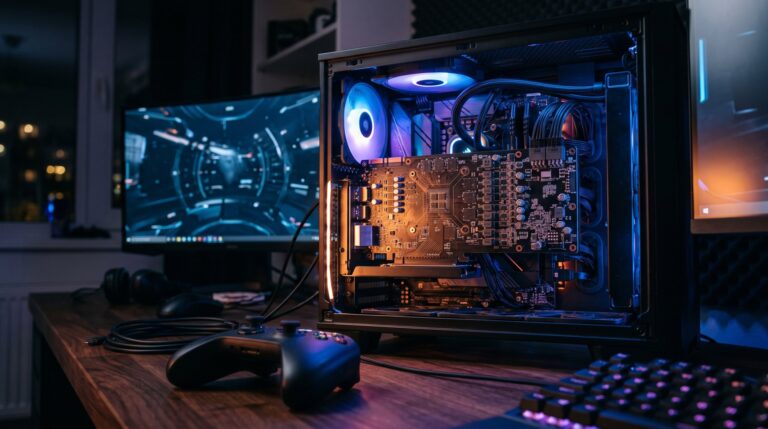 Postazione gaming PC con controller e scheda video in primo piano, atmosfera notturna