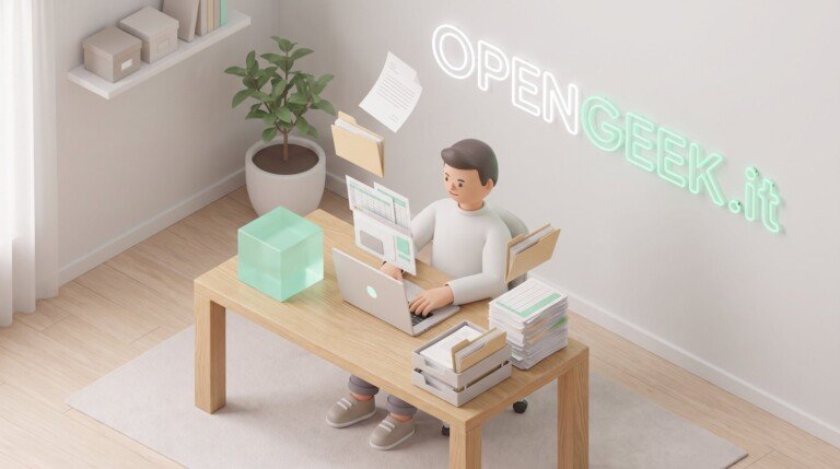 Illustrazione 3D di un uomo al laptop con cartelle fluttuanti e scritta OpenGeek sulla parete.