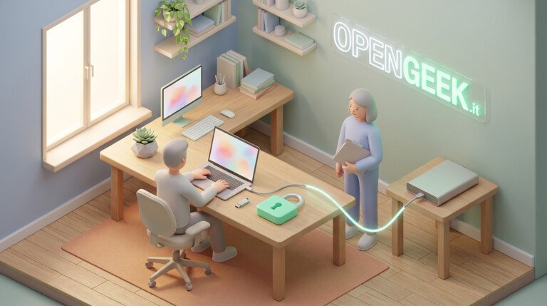 Illustrazione 3D di un utente al computer con un lucchetto verde e un cavo luminoso.