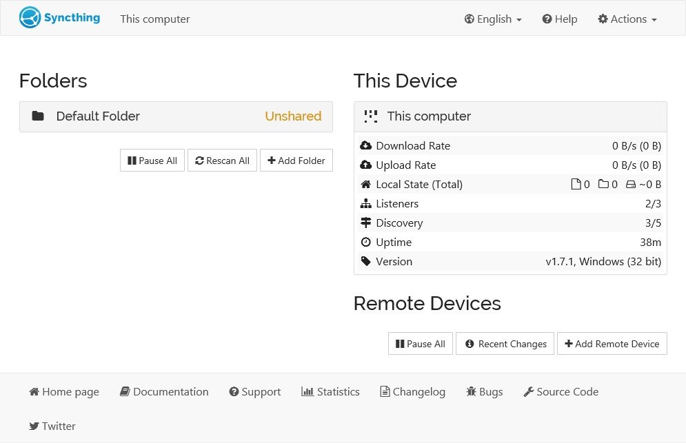 Schermata della dashboard di Syncthing che mostra la cartella predefinita non condivisa.