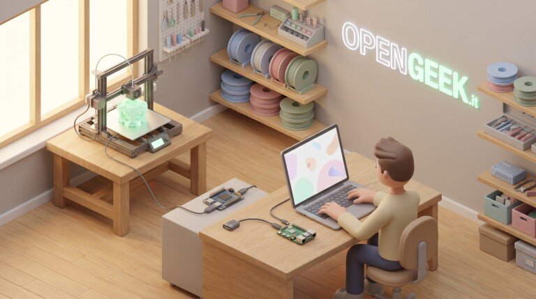 Illustrazione 3D di un utente al laptop che collega un Raspberry Pi a una stampante 3D in camera.