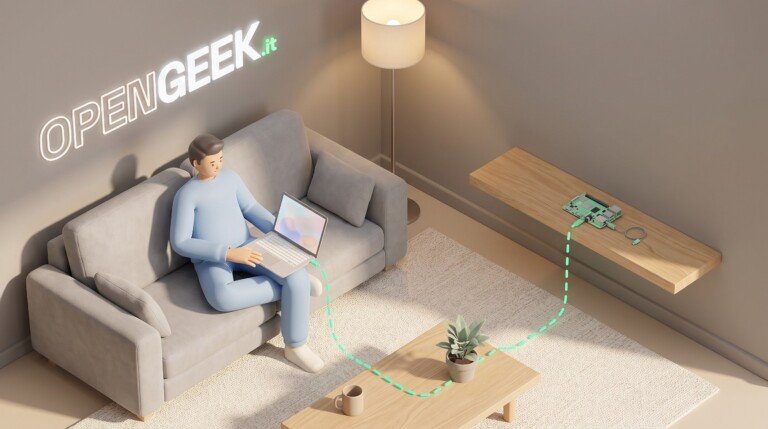 Illustrazione 3D di un uomo su un divano con laptop collegato virtualmente a una scheda Raspberry Pi.