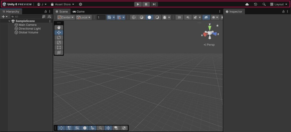 Interfaccia dell'editor Unity con la barra degli strumenti superiore evidenziata in rosso.