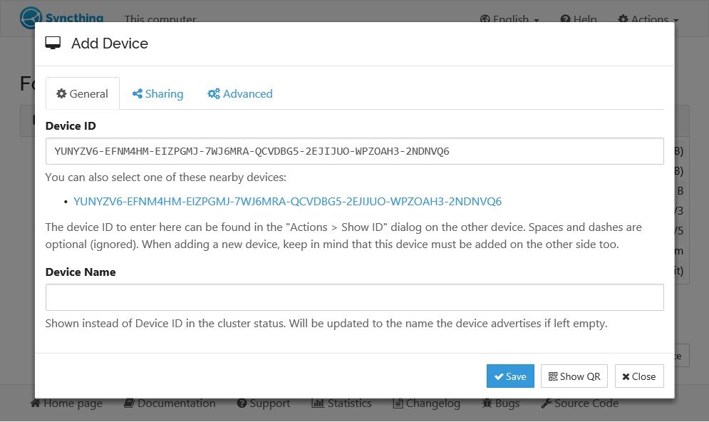 Finestra popup 'Add Device' nell'interfaccia di Syncthing con il campo di testo per l'ID del dispositivo.