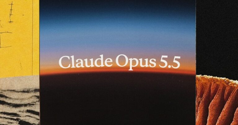Grafica ufficiale di Anthropic con la scritta Claude Opus 5.5 su sfondo a gradiente stile tramonto.