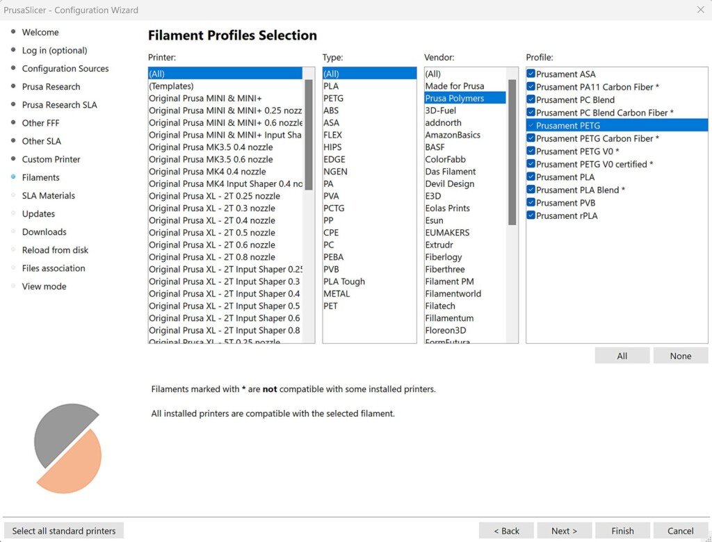 Schermata di selezione dei profili filamento nel Configuration Wizard con elenco di marche e materiali.