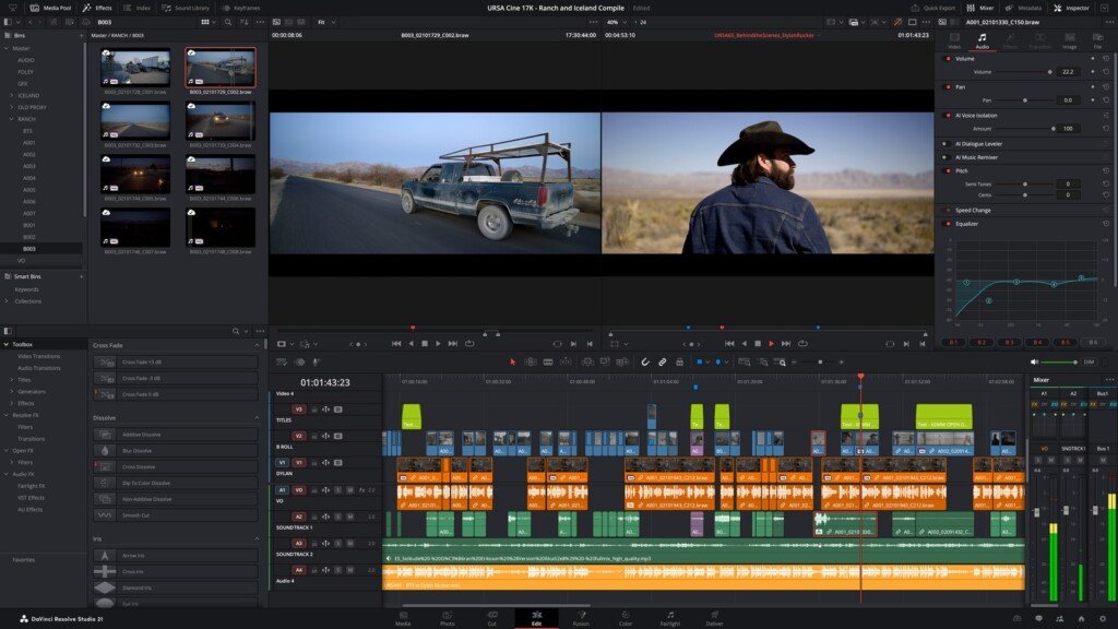 Schermata della pagina Edit di DaVinci Resolve, con media pool, doppio monitor di anteprima e timeline multitraccia.