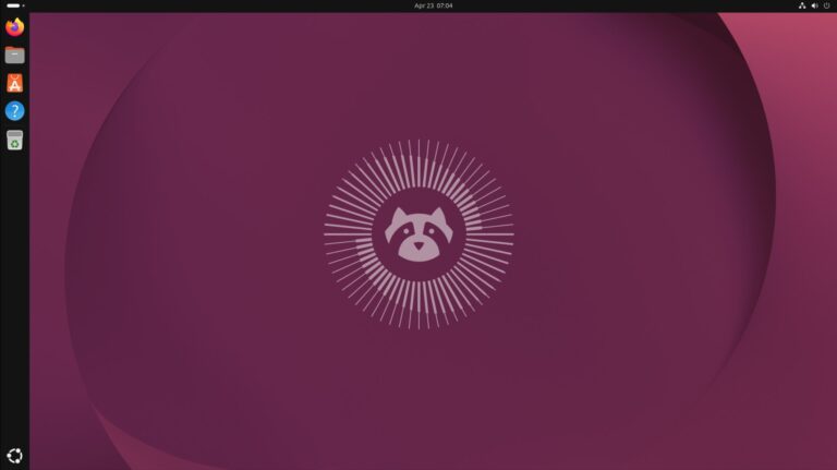 Schermata del desktop di Ubuntu con la barra laterale e lo sfondo viola della mascotte procione.