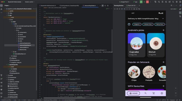Screenshot dell'interfaccia di Android Studio con righe di codice e un emulatore attivo.