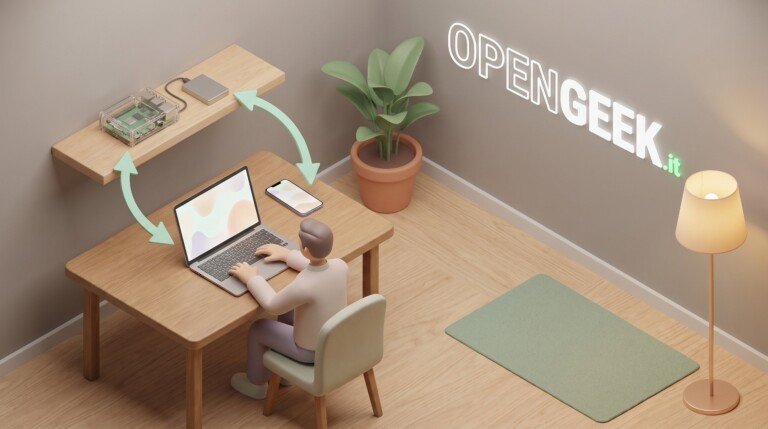 Illustrazione 3D di un utente che sincronizza laptop e smartphone con un Raspberry Pi su una mensola.