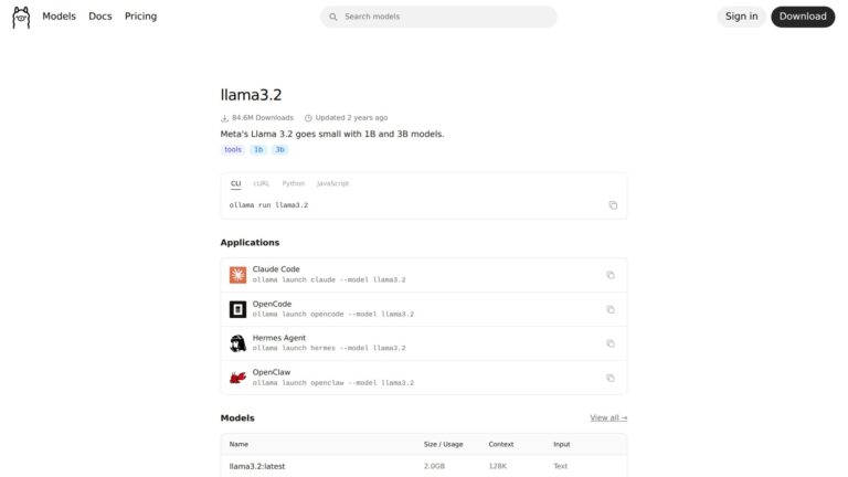 Pagina di Llama 3.2 sul sito di Ollama con i dettagli sul modello da 1B e 3B, dimensioni e comandi di download.