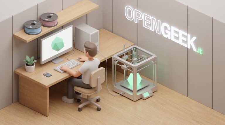Illustrazione 3D di un uomo al computer che prepara un modello per la stampa 3D accanto a una stampante.