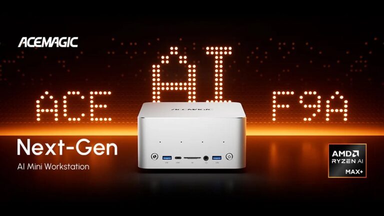Grafica ufficiale del mini PC Acemagic F9A con scritte arancioni luminose sullo sfondo.
