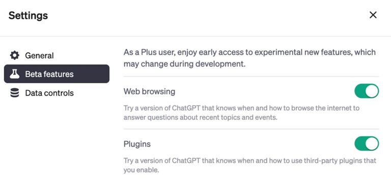 Impostazioni di ChatGPT con l'opzione per attivare i plugin in beta.