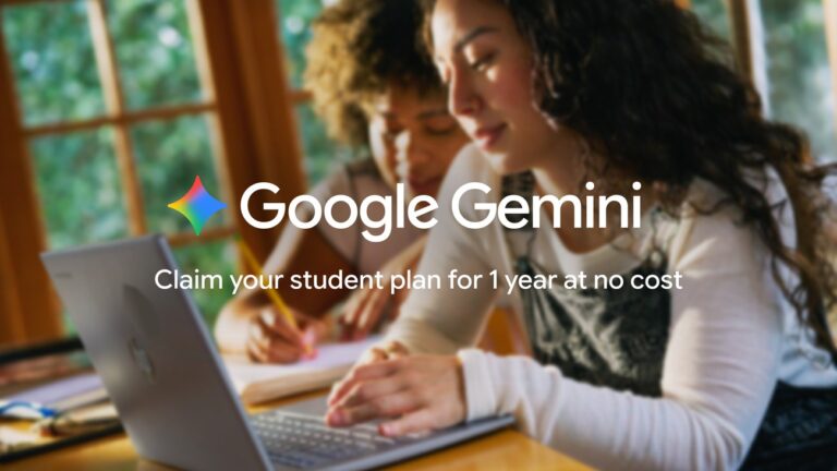 Due studentesse al computer con il logo Google Gemini e l'annuncio del piano gratuito per studenti.