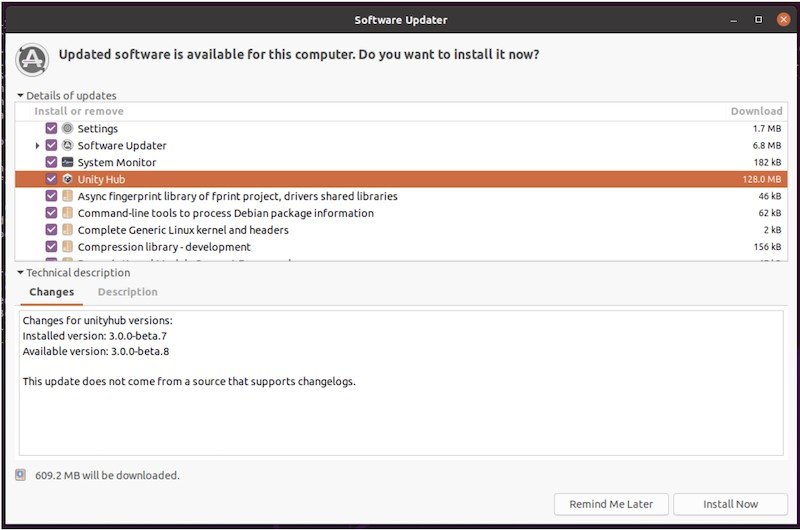 Schermata di Software Updater su Ubuntu che mostra Unity Hub selezionato per l'installazione.