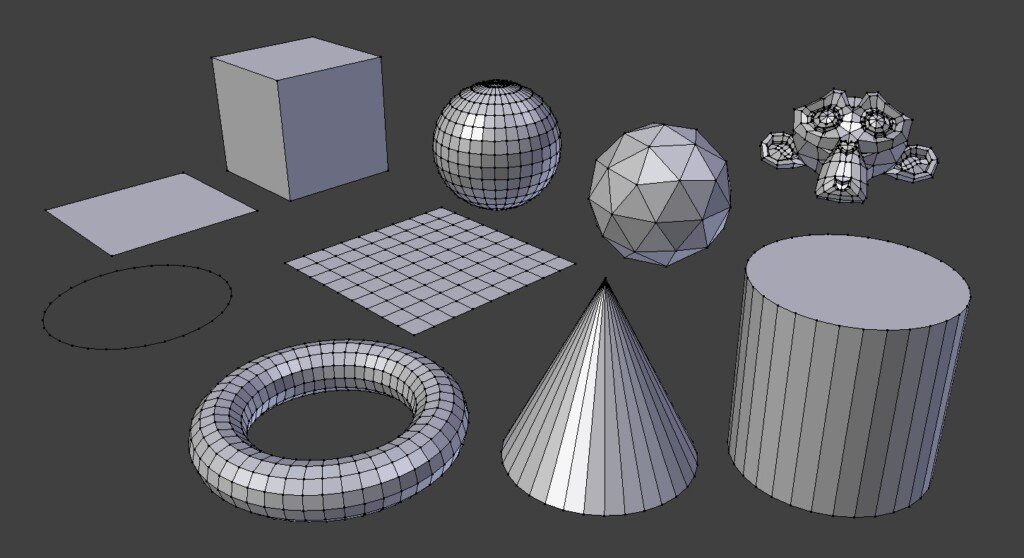 Forme geometriche 3D elementari come sfera, cubo, cono e cilindro grigi in Blender.