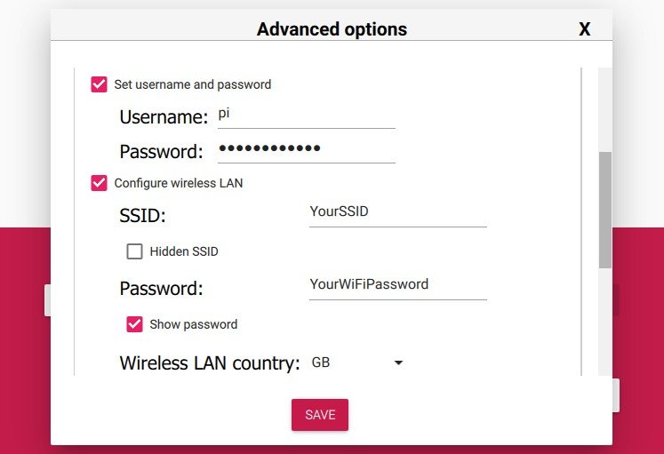 Schermata delle opzioni avanzate di Raspberry Pi Imager per inserire username, password e Wi-Fi.