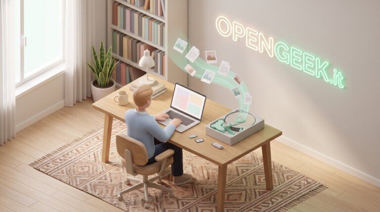 Illustrazione 3D di un uomo al computer che recupera file e foto da un hard disk aperto.