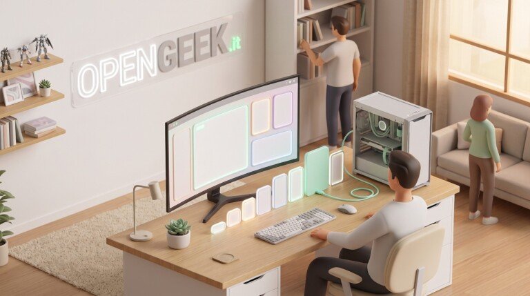 Illustrazione 3D di un utente alla scrivania davanti a un PC desktop con elementi grafici astratti e luminosi.