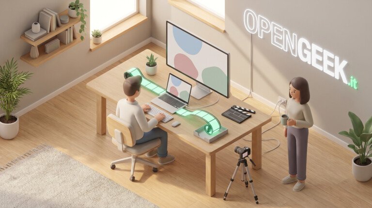 Illustrazione 3D di un uomo al computer con una pellicola luminosa, clapperboard e telecamera nella stanza.