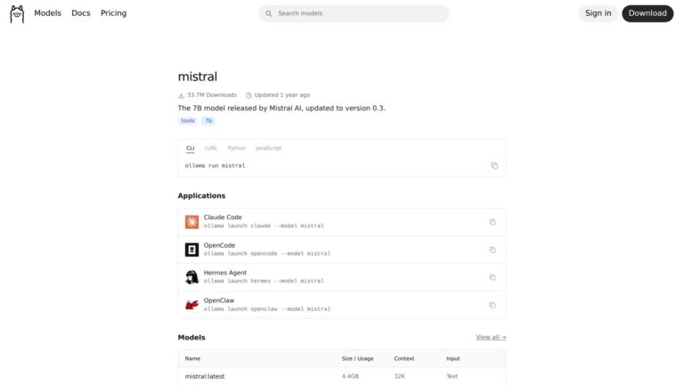 Schermata del sito Ollama che mostra la pagina del modello principale Mistral con il comando CLI.